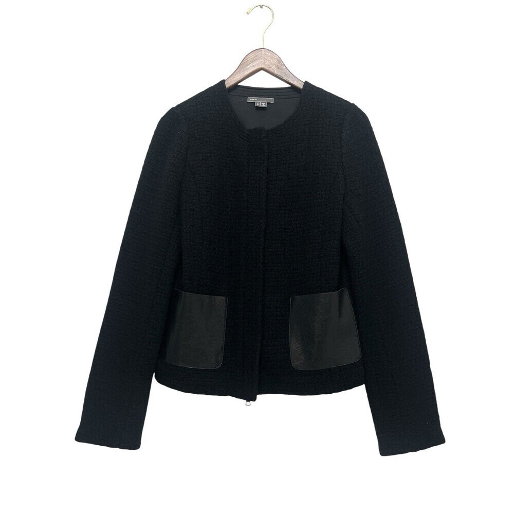 Vince Black Leather Trim Basket Weave Jacket Coat Zip Front Pockets Black Size 8